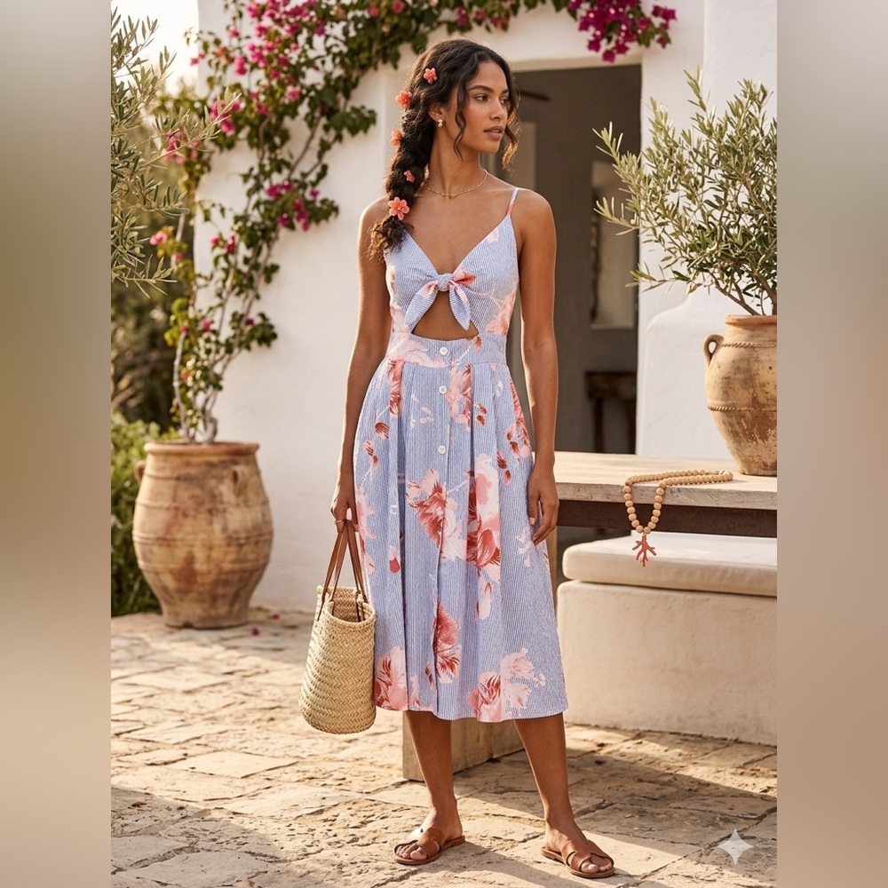 Fancyinn Blue Tie-Front Floral Midi Dress with Pink Blooms